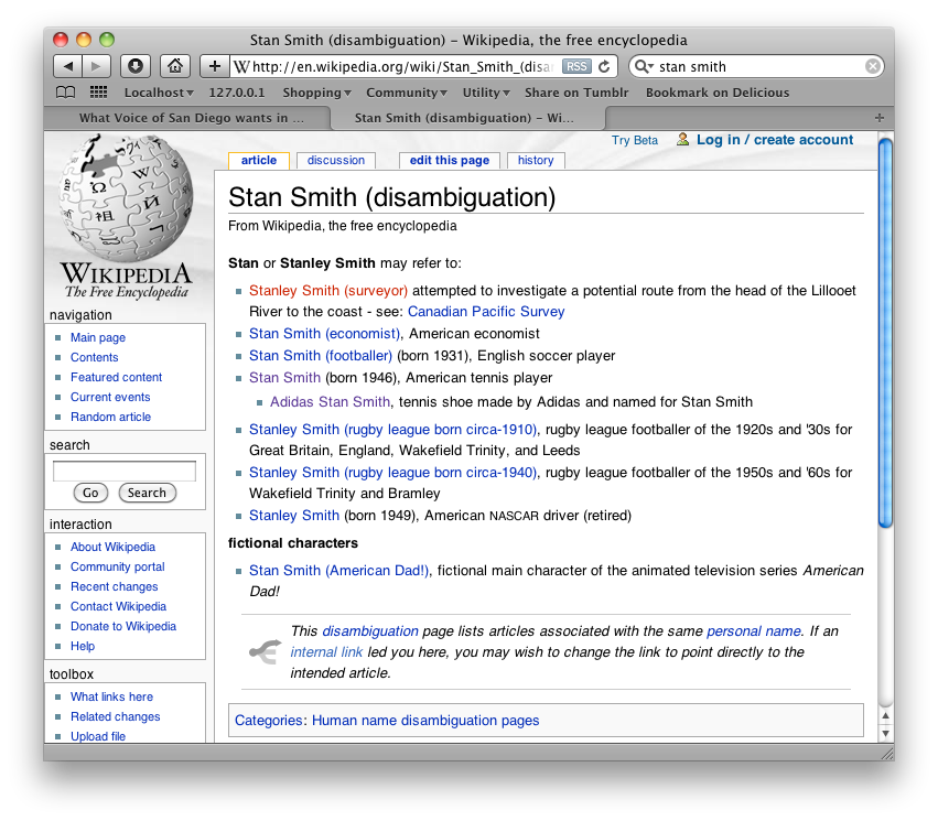 A disambiguation page on Wikipedia. Stan Smith can mean a lot of things.