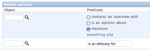 A good UI for entering relationships should come with sensible defaults, first row, yet allow users to specify their own predicates, second row, if what they're trying to say is not on the list.