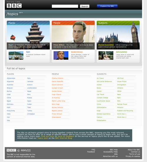 The BBC has experimented with topical pages in the past. Because they consisted mainly of elaborate search queries, the accuracy and relevancy of these pages was hamstrung. Shows the importance of good classification and metadata. The BBC has since scaled back their ambitions on this front; some form of it lives on in their search engine.